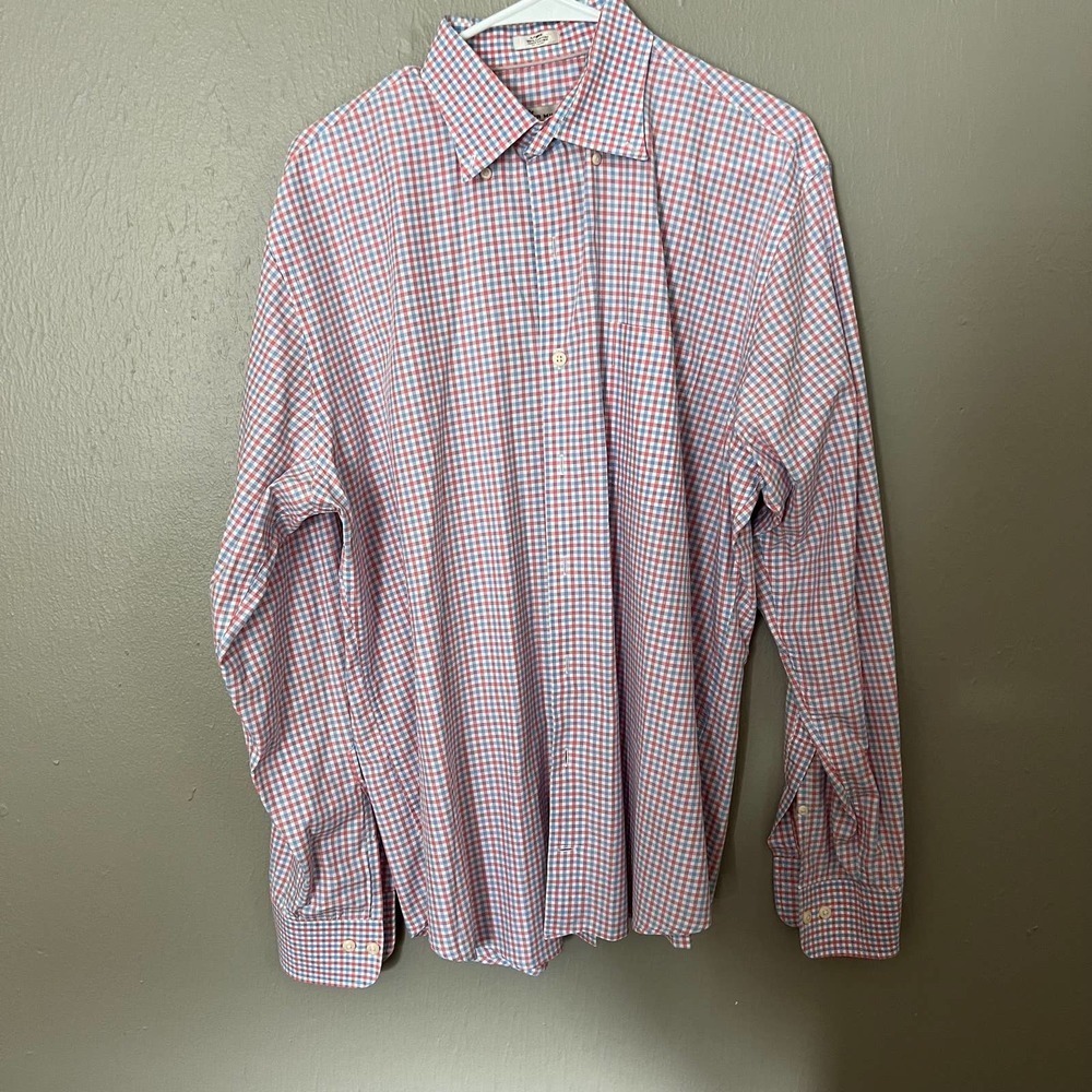 PETER MILLAR Crown Finish Blue and Pink Plaid Button-Up Polo Shirt Size Large